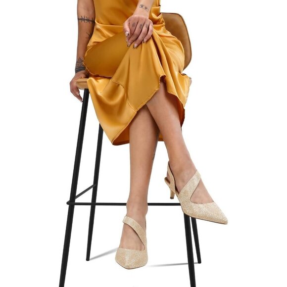 Women\'s Gold Dress Shoes Low Heels 2 inch Kitten Pumps Sling Back Shoes